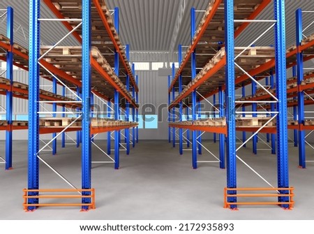 Warehouse space. Shelving with pallets for long-term storage. Empty warehouse with multi-tiered racks. Empty logistics center. Warehouse rental concept. Storage space 