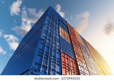Warehouse of stacked cargo standard containers for temporary storage, loading, unloading and sorting at the container point. The concept of cargo transportation.