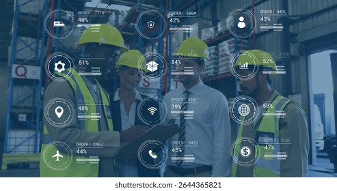 Warehouse staff in helmets and vests reviewing order metrics in warehouse, with clipboard overlays. Logistics, inventory, teamwork, industrial, analytics, collaboration, compliance