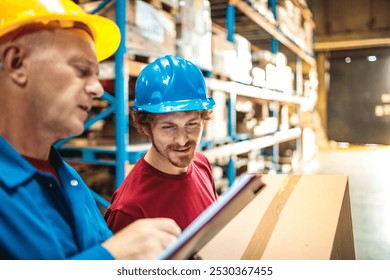 Warehouse supervisor discussing tasks with young worker in hard hats - Powered by Shutterstock