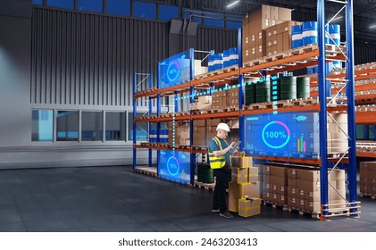 Warehouse with supervisor. Man in innovative storehouse. Manager keeps records of warehouse workload. Supervisor near multi-tiered racks with boxes. Warehouse contractor inside hangar - Powered by Shutterstock