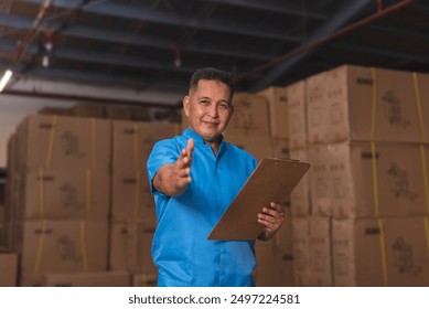 A warehouse supervisor offering his handshake to show camaraderie and trust. Industrial setting inside facility with stack of boxes. - Powered by Shutterstock