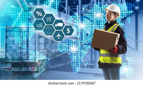 Warehouse Supervisor. Woman With Box. Woman Supervisor Is Engaged In Logistics. Concept Of Choosing Transport Company. Supervisor Next To Truck. World Map With Supply Chains. Traffic Management