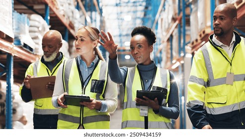 Warehouse, supply chain and people with tablet in discussion for inspection checklist, export or plan. Dropshipping, meeting and work with tech by shelf for inventory, update or operations management - Powered by Shutterstock