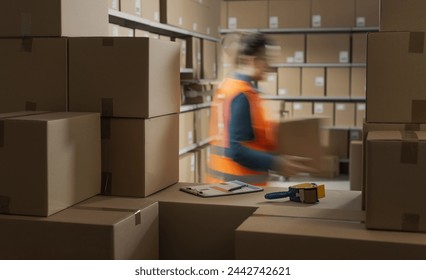 Warehouse worker and AI robot working together, they are picking orders and carrying boxes: automation and logistics concept
