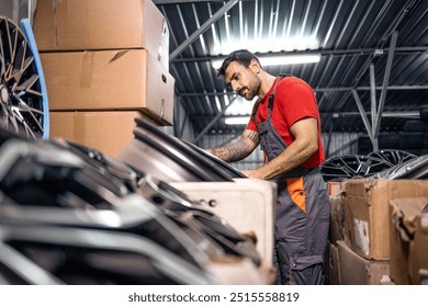 Warehouse worker arranging wheel rims for sale. - Powered by Shutterstock