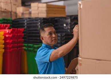 Warehouse worker in a blue shirt inspecting boxes and writing on a clipboard inside a storage facility with colorful bins in the background. - Powered by Shutterstock