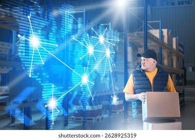 Warehouse worker with boxes in smart logistics center, digital world map and data network overlay showing global distribution. Activity: Warehouse. Logistics.