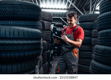 Warehouse worker checking tire inventory and holding checklist. - Powered by Shutterstock