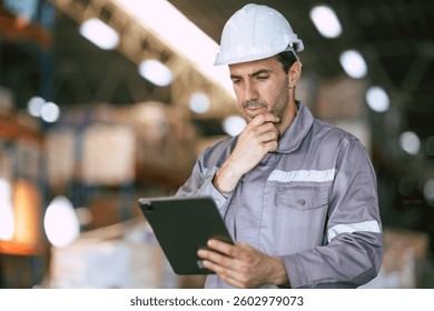 Warehouse worker, Engineer manager looking at tablet screen with thinking have a problem expression