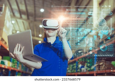 warehouse worker enjoy using advance modern technology VR overlay digital data infographics interface monitor tracking cargo - Powered by Shutterstock