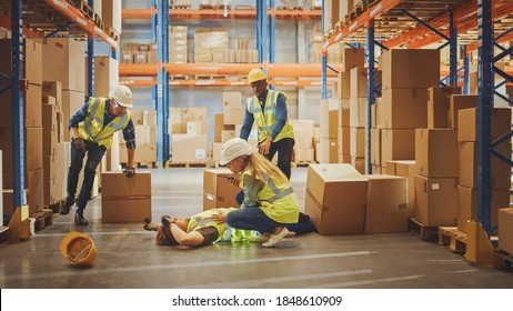 Warehouse Worker Has Work Related Accident Falls while Trying to Pick Up Cardboard Box from the Shelf. Colleagues Call for Help and Medical Assistance. Injury at Work. - Shutterstock ID 1848610909