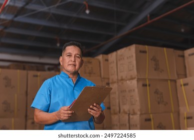 Warehouse worker holding a clipboard for inventory management. Boxes stacked in the background. Industrial setting with a professional work environment. - Powered by Shutterstock