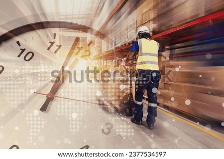 warehouse worker hurry quick ship products sending in time clock business working hours overlay supply delivery shipping fast speed concept
