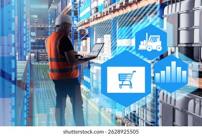 Warehouse worker with laptop manages inventory in smart storage facility with digital icons for e-commerce, logistics, and analytics. – Warehouse, Logistics, E-commerce. - Powered by Shutterstock - Get 15% off with code: PIKWIZARD15