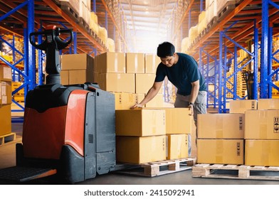 Warehouse Worker Loading and Unloading Package Boxes in A Warehouse. Cartons, Cardboard Boxes. Warehouse Shipping, Storehouse Distribution, Shipment Boxes, Supply Chain, Supplies Warehouse Logistic. - Powered by Shutterstock