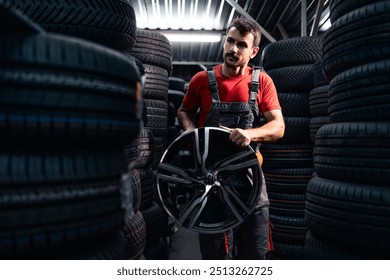 Warehouse worker organizing and arranging new wheel rims for sale. - Powered by Shutterstock