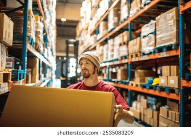 Warehouse worker organizing boxes on shelves - Powered by Shutterstock