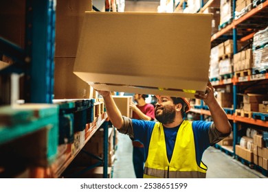 Warehouse worker organizing boxes on shelves - Powered by Shutterstock