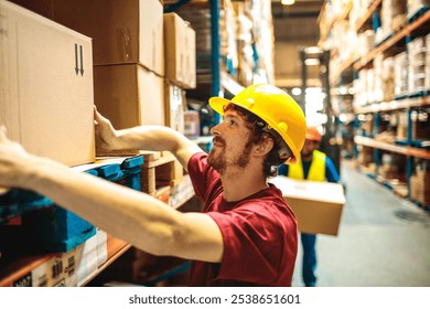 Warehouse worker organizing boxes on shelves - Powered by Shutterstock