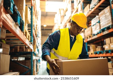 Warehouse worker organizing boxes on shelves - Powered by Shutterstock