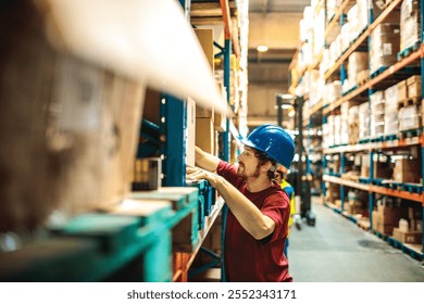 Warehouse worker organizing boxes on shelves - Powered by Shutterstock