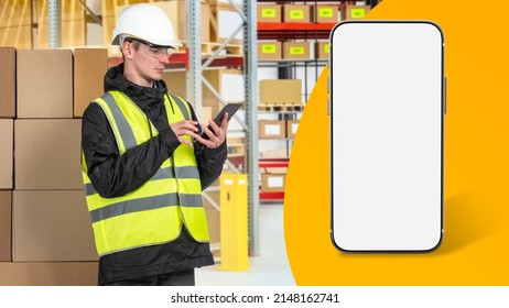 Warehouse Worker. Phone Mock Up. Man Manager Of Storage Company. Warehouse Software Concept. Space For Storage Warehouse Apps. Phone White Screen. Storage And Logistics Services. Copy Space On White