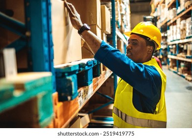 Warehouse worker in safety gear picking orders from shelves in industrial storage facility - Powered by Shutterstock