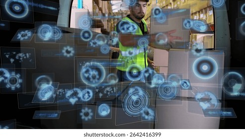 Warehouse worker in safety vest arranging cardboard boxes in warehouse, with shelving and holograms. Logistics, inventory, automation, industry, productivity, collaboration, digitalization