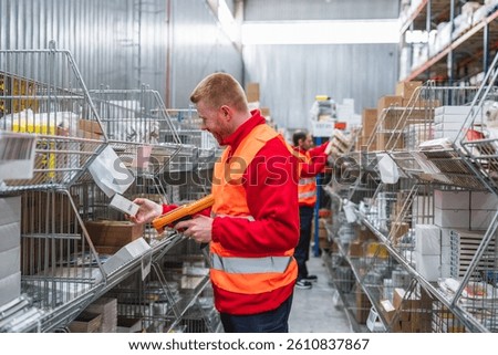 Warehouse worker scanning packages with barcode scanner, managing inventory and logistics in a distribution center