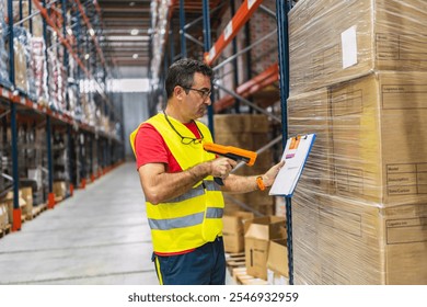 Warehouse worker scanning packages using barcode scanner and checking against clipboard in large distribution center
