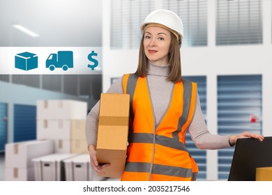 Warehouse Worker. Storage Company Manager. Career In Warehouse Business. Warehouse Manager Woman Portrait. Working In Storage Company. Girl In Uniform Near Storage Unit. Selective Focusing.