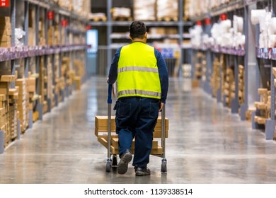 Warehouse worker taking package in the shelf in a large warehouse and pulling a cart.