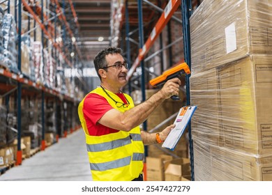 Warehouse worker using barcode scanner and clipboard checking inventory in logistics center