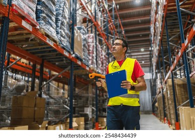 Warehouse worker using barcode scanner and holding clipboard, managing and controlling logistics in large distribution center - Powered by Shutterstock - Get 15% off with code: PIKWIZARD15