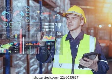 Warehouse worker using hologram visual smart information display for futuristic data business intelligent for Logistics Industry - Powered by Shutterstock