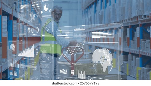 Warehouse worker using tablet, data analytics and logistics image over shelves. inventory, technology, automation, management, efficiency, storage
