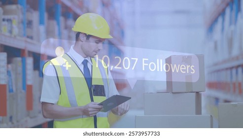 Warehouse worker using tablet over image showing 329,020 followers. Logistics, inventory, technology, supply chain, management, efficiency