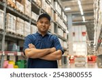 Warehouse worker wearing a hat and blue shirt enjoying their successful job in warehouse storage. Asian auditor or staff work success in storage warehouse. Logistic business work.