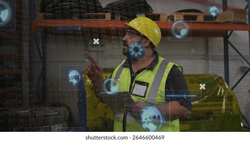 Warehouse worker wearing helmet, neon vest scanning metal shelving using stylus, AR graphics. Industrial, technology, logistics, inventory, digital, futuristic, organization