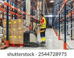 Warehouse worker wearing a safety vest transporting goods on a pallet jack in a large distribution center