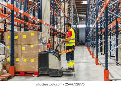 Warehouse worker wearing a safety vest transporting goods on a pallet jack in a large distribution center