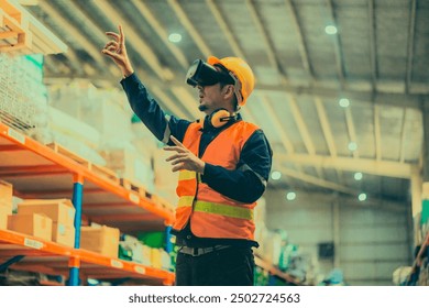 A warehouse worker wearing virtual reality goggles to interact with digital interface in modern warehouse environment. The integration of advanced technology in logistics and inventory management. - Powered by Shutterstock