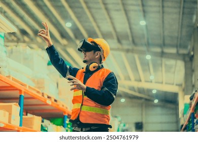 A warehouse worker wearing virtual reality goggles to interact with digital interface in modern warehouse environment. The integration of advanced technology in logistics and inventory management. - Powered by Shutterstock