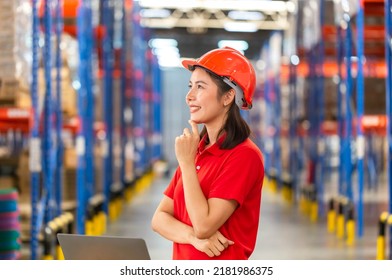 Warehouse Worker Working In Factory Warehouse Industry And Using Laptop, Young Woman Thinking, Foreman Working In Logistics Center