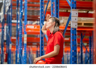 Warehouse Worker Working In Factory Warehouse Industry, Young Woman Thinking, Serious Female Foreman Working In Logistics Center