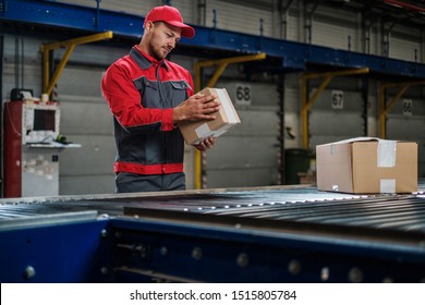 Warehouse Worker Working On A Conveyor Line