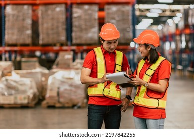 Warehouse Worker Working Together Happy Smile Work Checking Inventory Stock Order For Shipping.