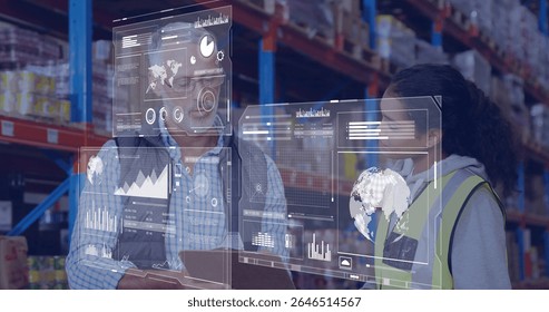 In warehouse, workers discussing data analytics on digital interface with image. Logistics, teamwork, technology, innovation, efficiency, collaboration