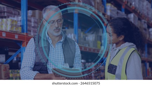 In warehouse, workers discussing logistics with digital data protection overlay image. technology, teamwork, innovation, distribution, cybersecurity, analysis